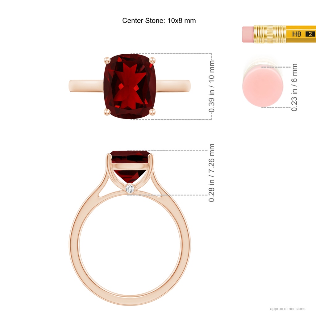 10x8mm AAAA Classic Cushion Garnet Solitaire Ring with Hidden Accents in Rose Gold ruler