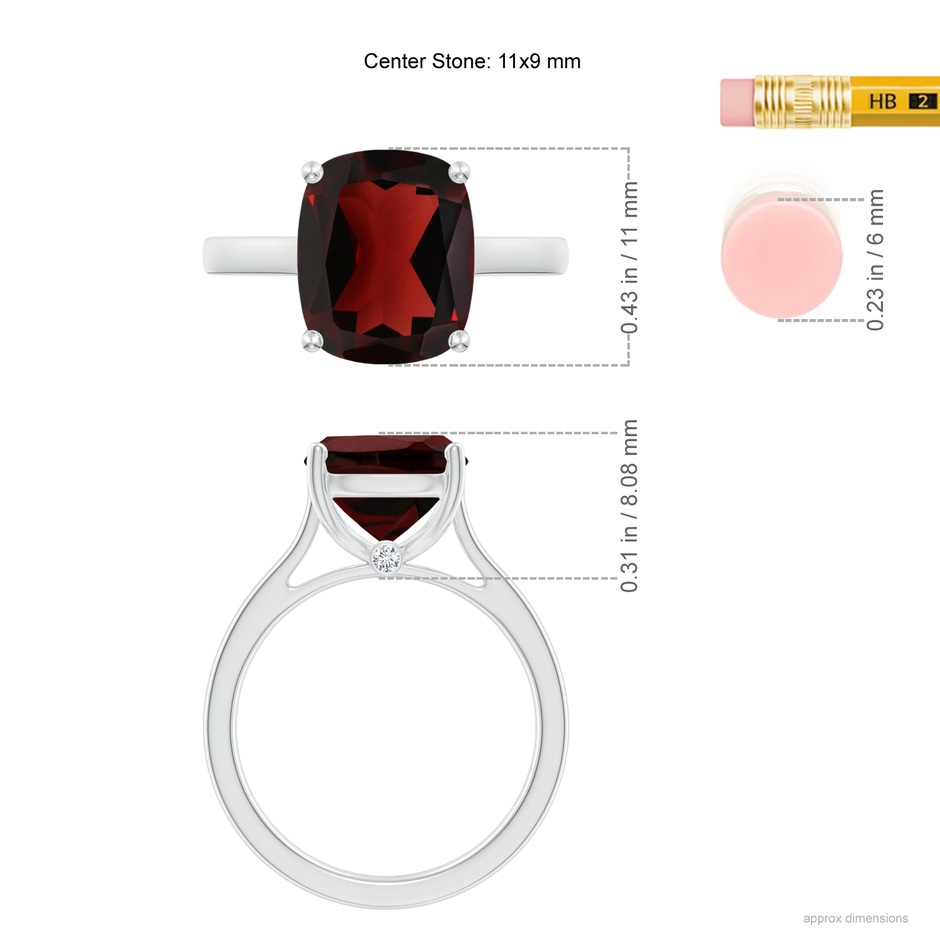11x9mm AA Classic Cushion Garnet Solitaire Ring with Hidden Accents in White Gold ruler