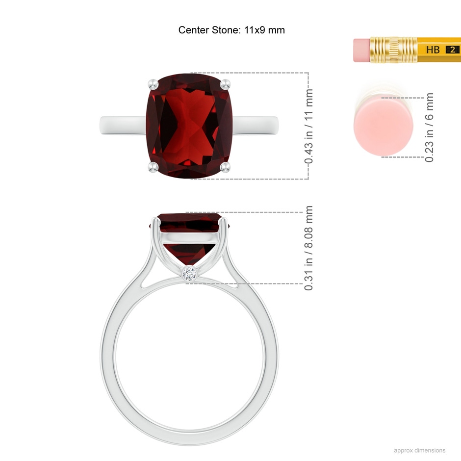 11x9mm AAA Classic Cushion Garnet Solitaire Ring with Hidden Accents in White Gold ruler