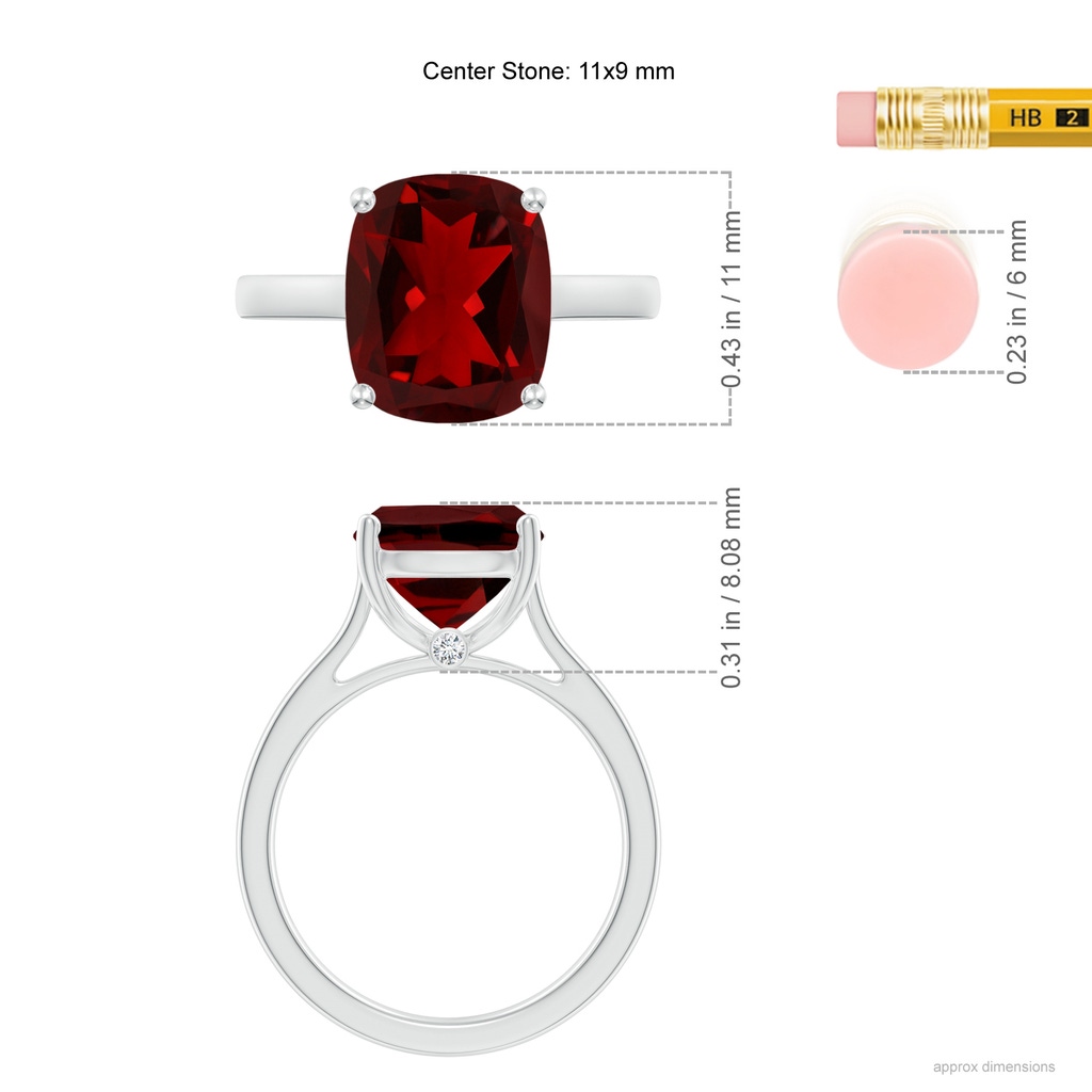 11x9mm AAAA Classic Cushion Garnet Solitaire Ring with Hidden Accents in P950 Platinum ruler