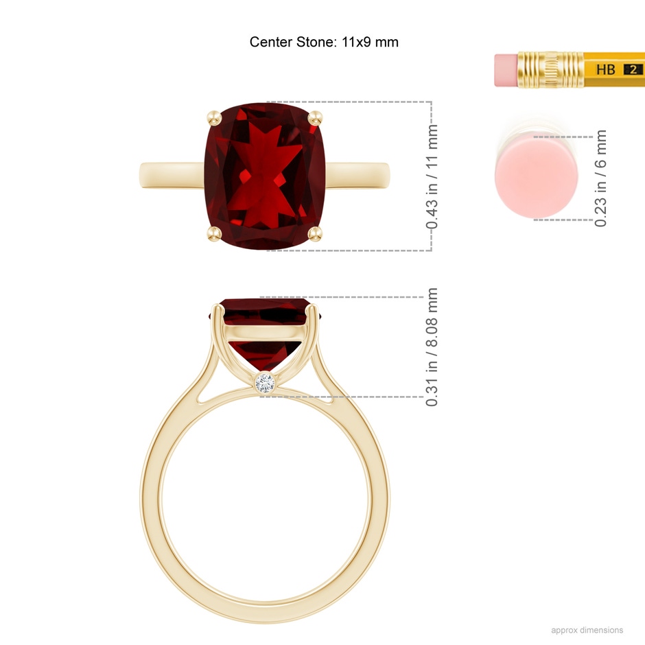 11x9mm AAAA Classic Cushion Garnet Solitaire Ring with Hidden Accents in Yellow Gold ruler