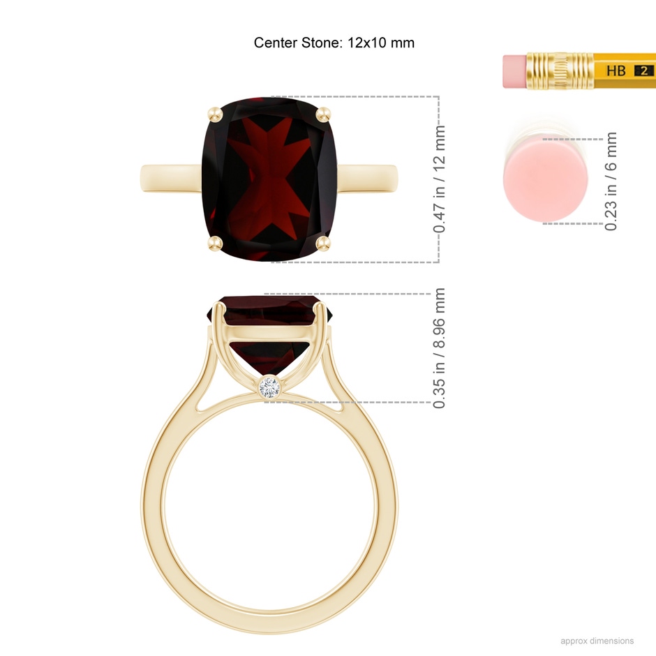 12x10mm A Classic Cushion Garnet Solitaire Ring with Hidden Accents in Yellow Gold ruler