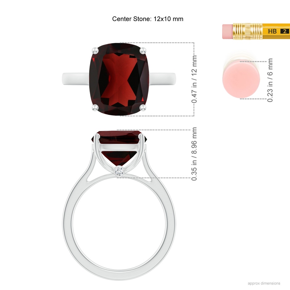 12x10mm AA Classic Cushion Garnet Solitaire Ring with Hidden Accents in White Gold ruler