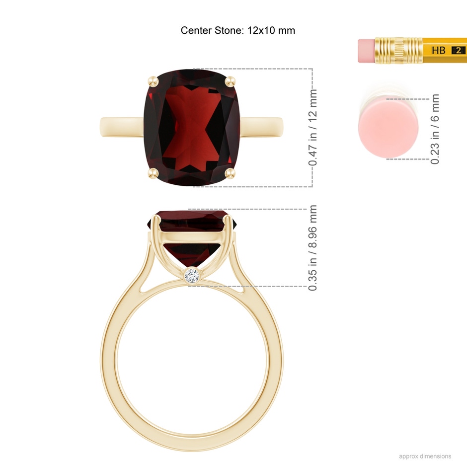 12x10mm AA Classic Cushion Garnet Solitaire Ring with Hidden Accents in Yellow Gold ruler