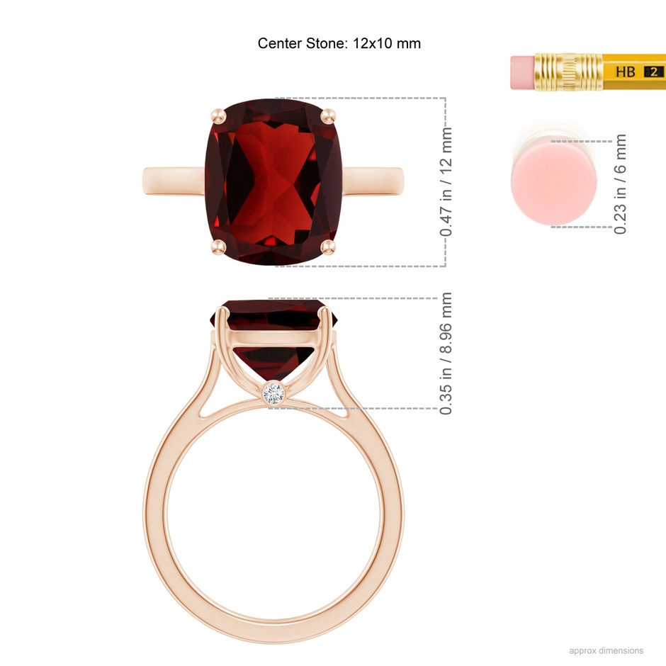 12x10mm AAA Classic Cushion Garnet Solitaire Ring with Hidden Accents in Rose Gold ruler