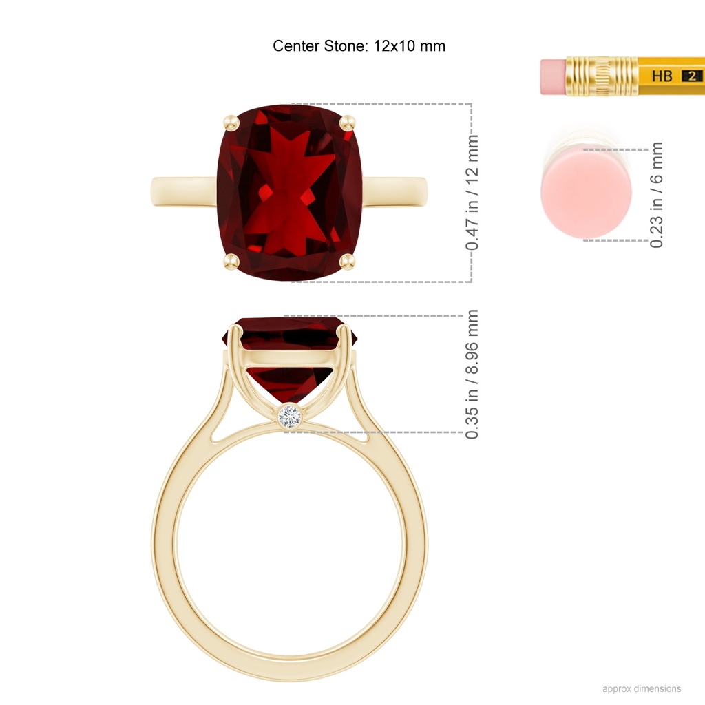 12x10mm AAAA Classic Cushion Garnet Solitaire Ring with Hidden Accents in Yellow Gold ruler