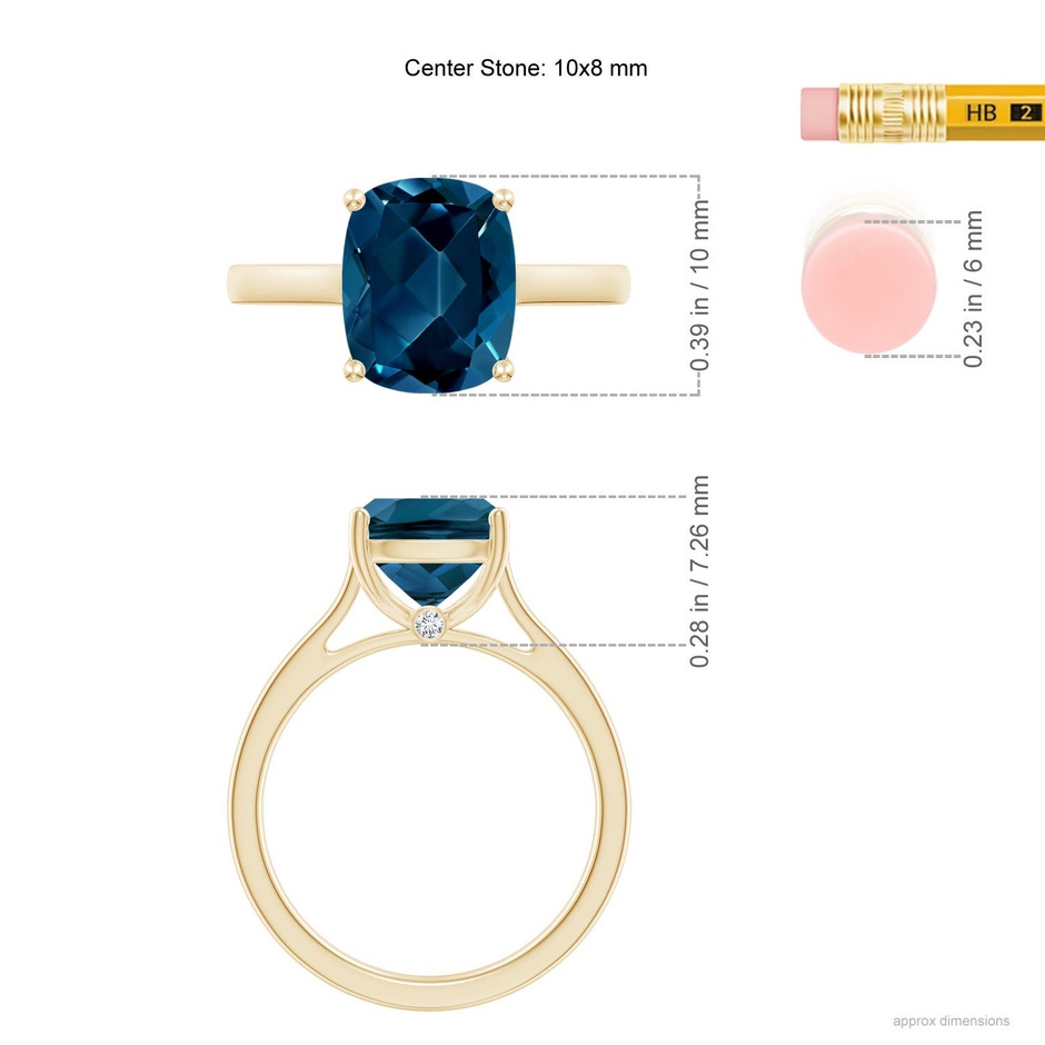 10x8mm AAAA Classic Cushion London Blue Topaz Solitaire Ring with Hidden Accents in Yellow Gold ruler
