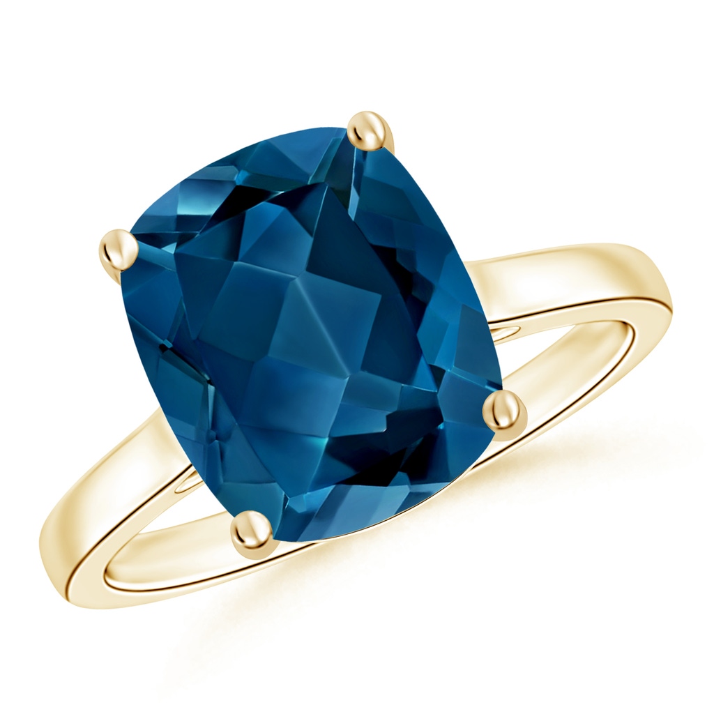 11x9mm AAA Classic Cushion London Blue Topaz Solitaire Ring in 10K Yellow Gold