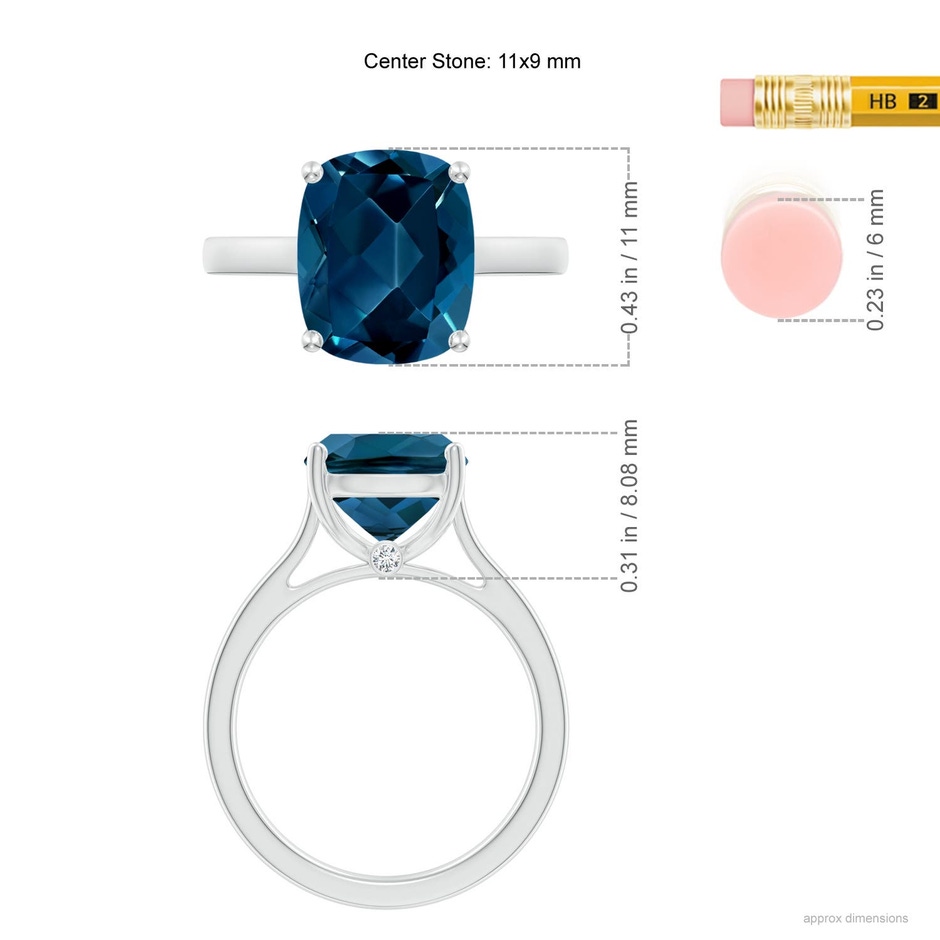 11x9mm AAAA Classic Cushion London Blue Topaz Solitaire Ring with Hidden Accents in 10K White Gold ruler