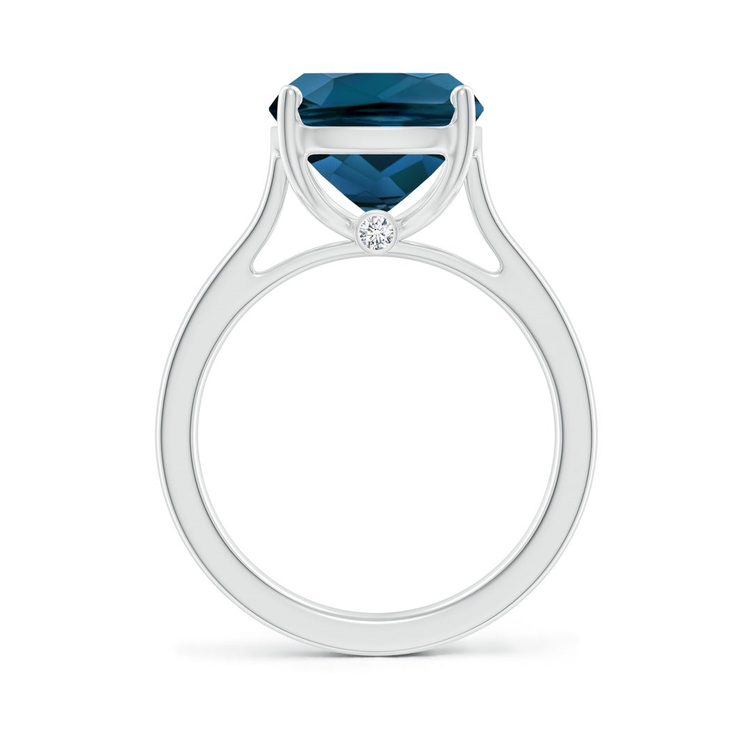 12x10mm AAAA Classic Cushion London Blue Topaz Solitaire Ring with Hidden Accents in White Gold - side 3