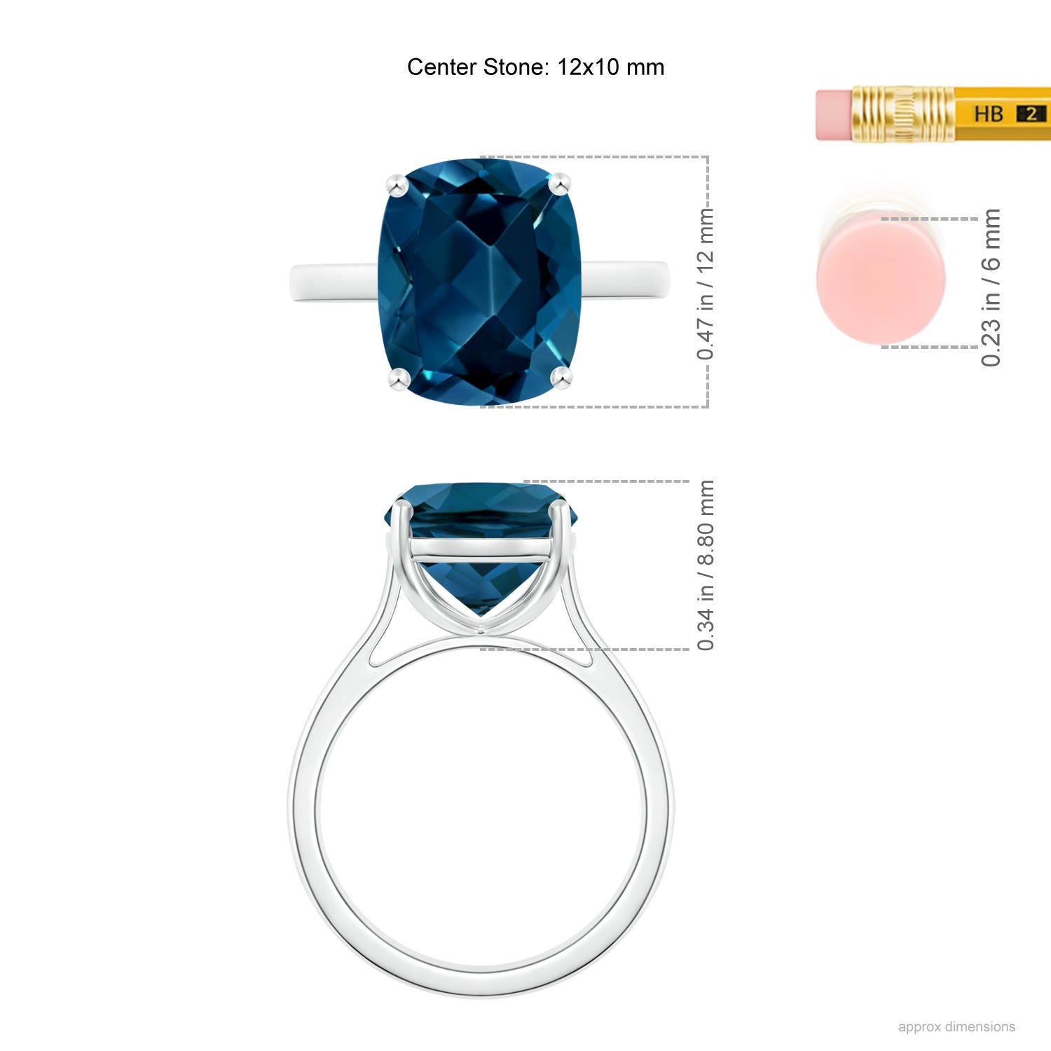 12x10mm AAAA Classic Cushion London Blue Topaz Solitaire Ring with Hidden Accents in White Gold - ruler