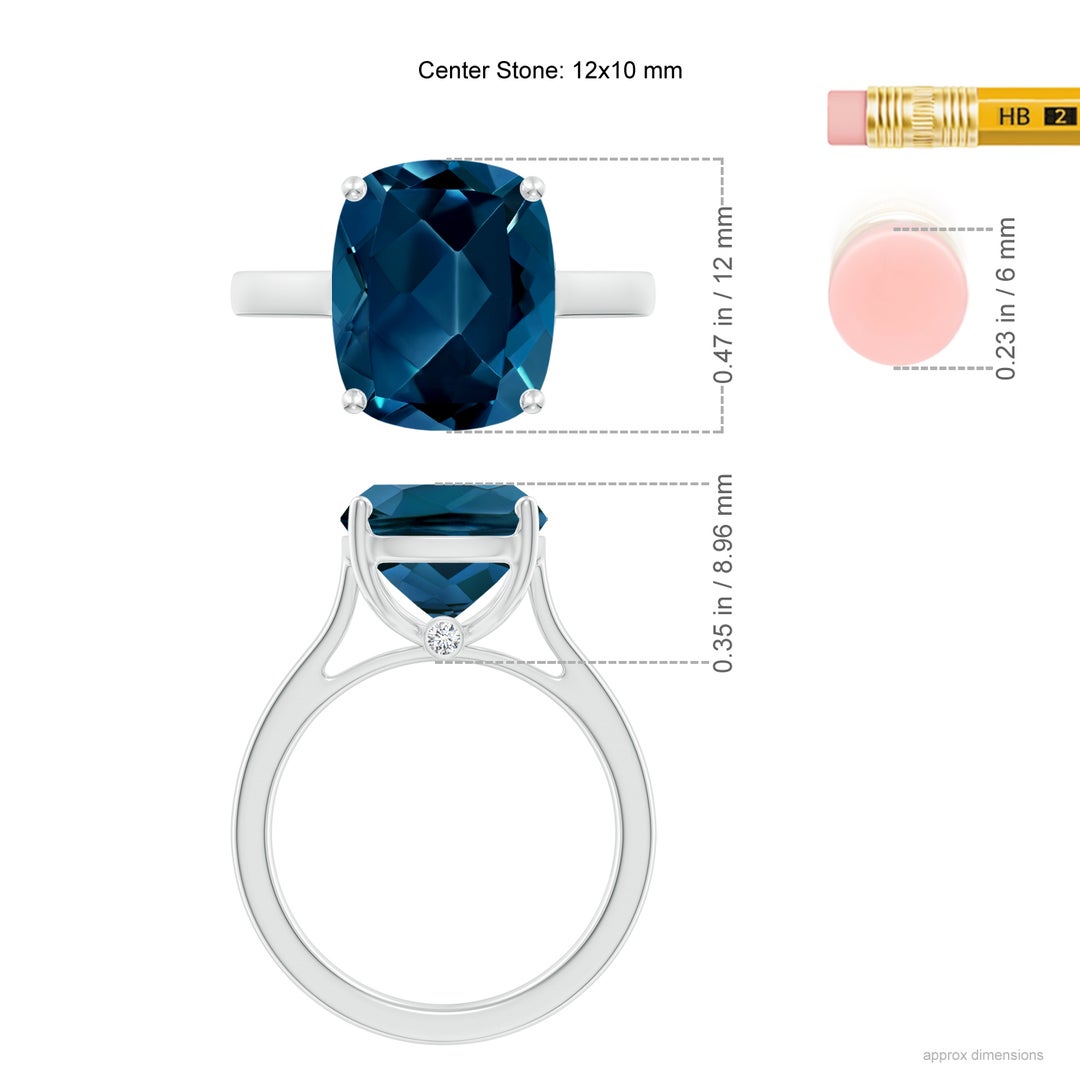 12x10mm AAAA Classic Cushion London Blue Topaz Solitaire Ring with Hidden Accents in White Gold - ruler
