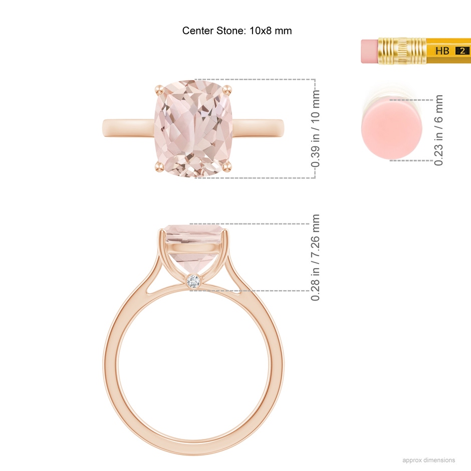 10x8mm A Classic Cushion Morganite Solitaire Ring in Rose Gold ruler