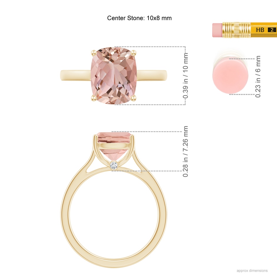 10x8mm AAAA Classic Cushion Morganite Solitaire Ring in Yellow Gold ruler