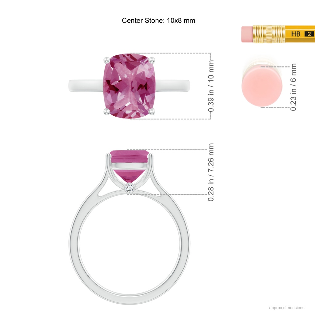 10x8mm AAA Classic Cushion Pink Tourmaline Solitaire Ring in White Gold Ruler