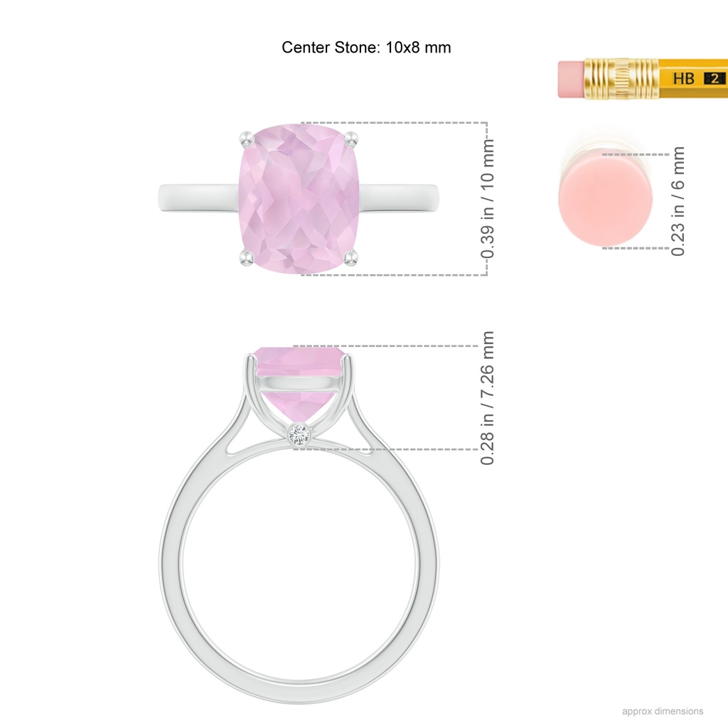 10x8mm AAAA Classic Cushion Rose Quartz Solitaire Ring with Hidden Accents in P950 Platinum ruler