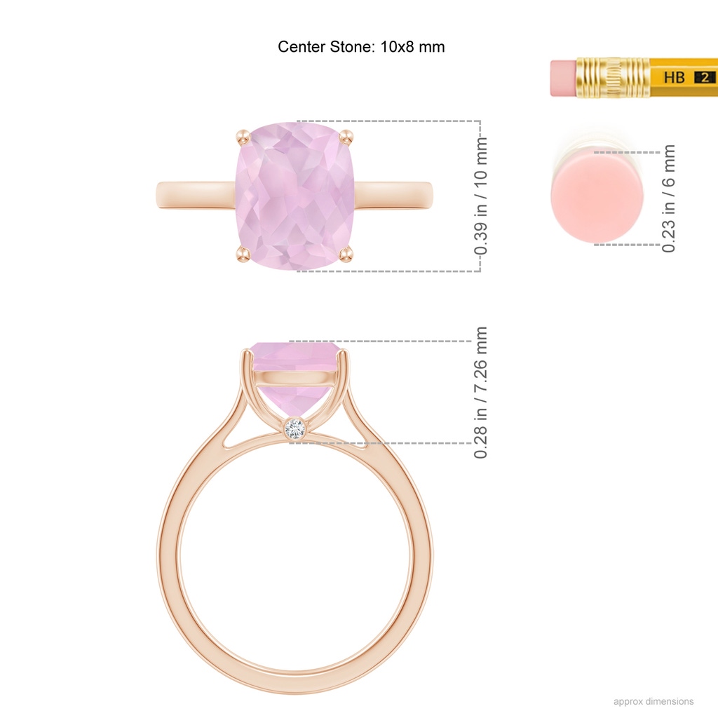 10x8mm AAAA Classic Cushion Rose Quartz Solitaire Ring with Hidden Accents in Rose Gold ruler