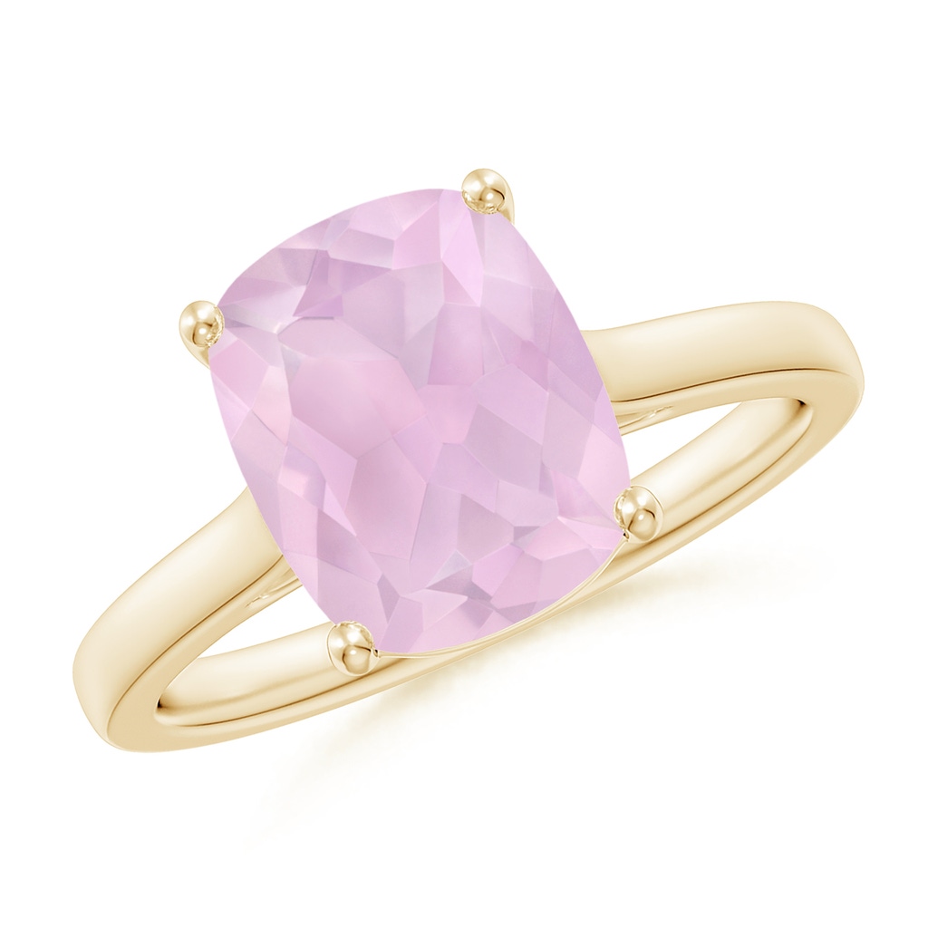 10x8mm AAAA Classic Cushion Rose Quartz Solitaire Ring with Hidden Accents in Yellow Gold