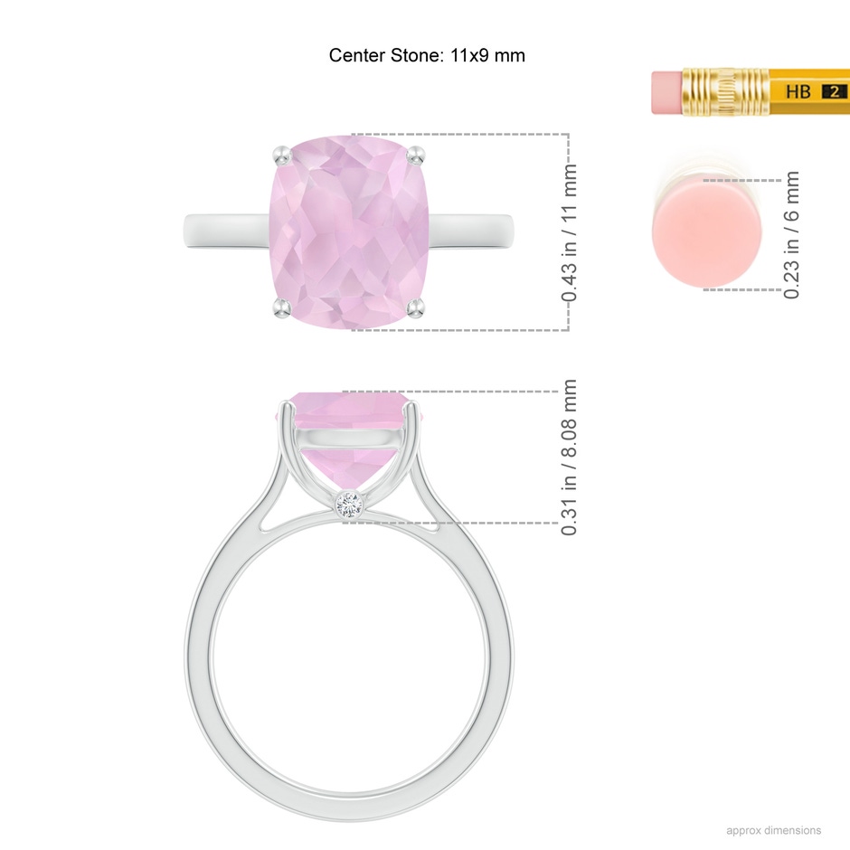 11x9mm AAAA Classic Cushion Rose Quartz Solitaire Ring with Hidden Accents in P950 Platinum ruler