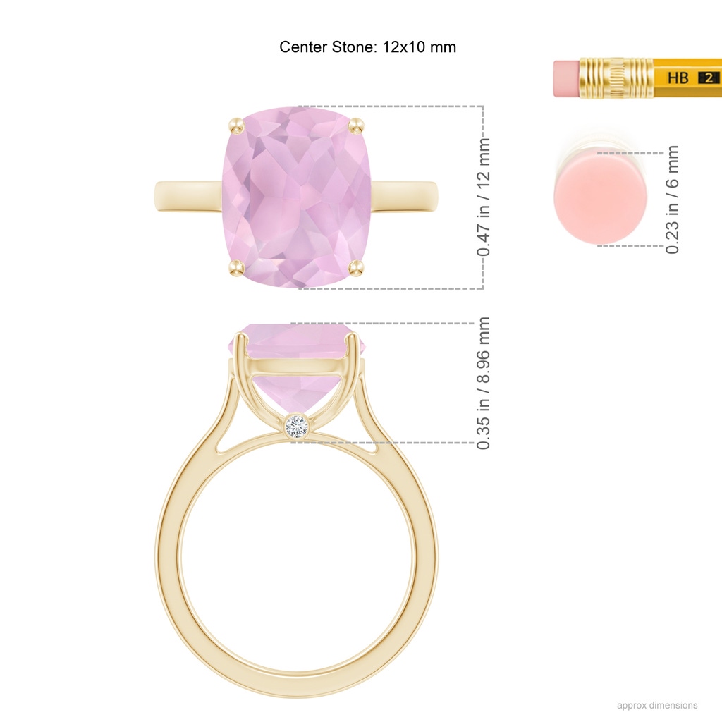 12x10mm AAA Classic Cushion Rose Quartz Solitaire Ring with Hidden Accents in Yellow Gold ruler