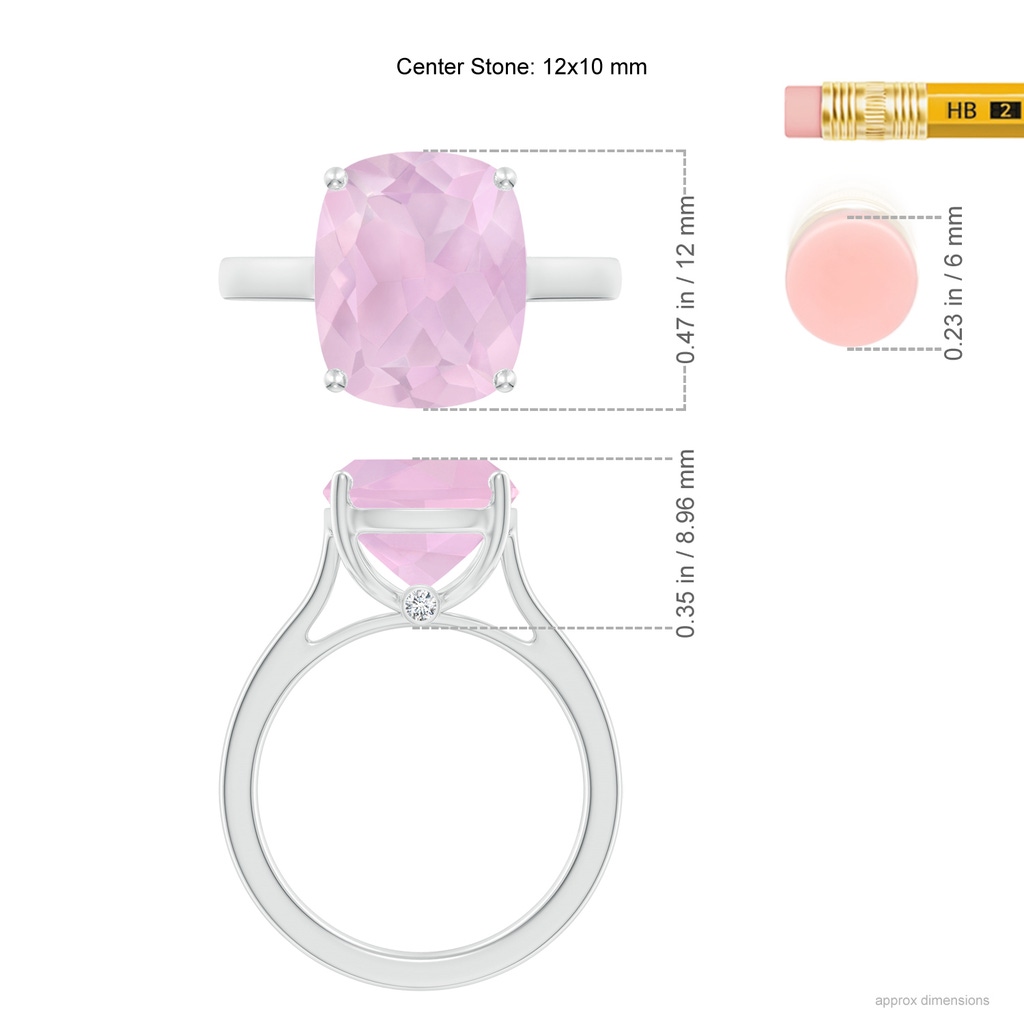 12x10mm AAAA Classic Cushion Rose Quartz Solitaire Ring with Hidden Accents in P950 Platinum ruler