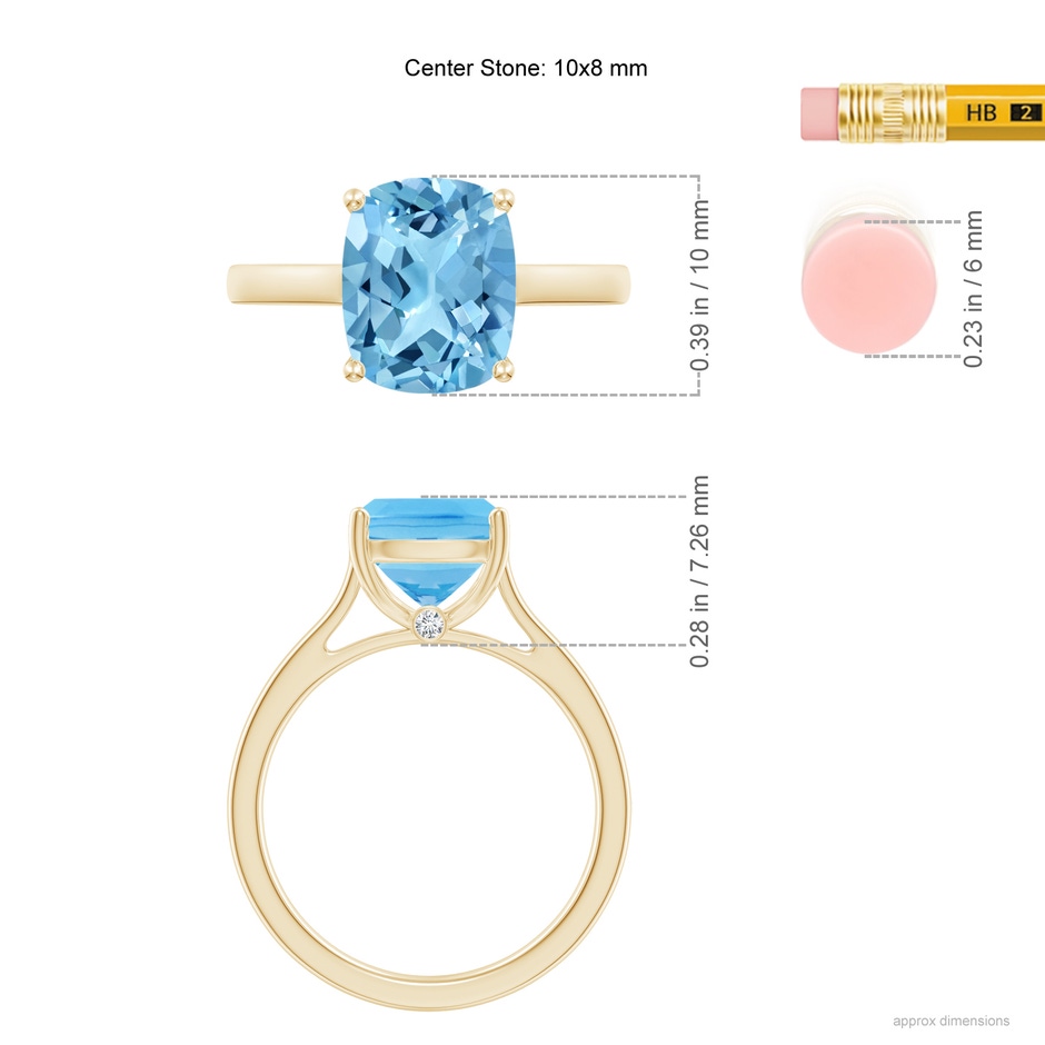 10x8mm A Classic Cushion Swiss Blue Topaz Solitaire Ring with Hidden Accents in 10K Yellow Gold ruler