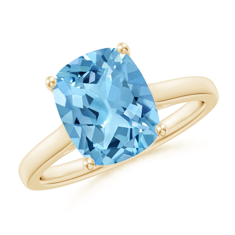 10x8mm A Classic Cushion Swiss Blue Topaz Solitaire Ring with Hidden Accents in Yellow Gold 