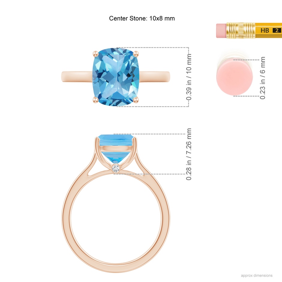 10x8mm AA Classic Cushion Swiss Blue Topaz Solitaire Ring with Hidden Accents in Rose Gold ruler