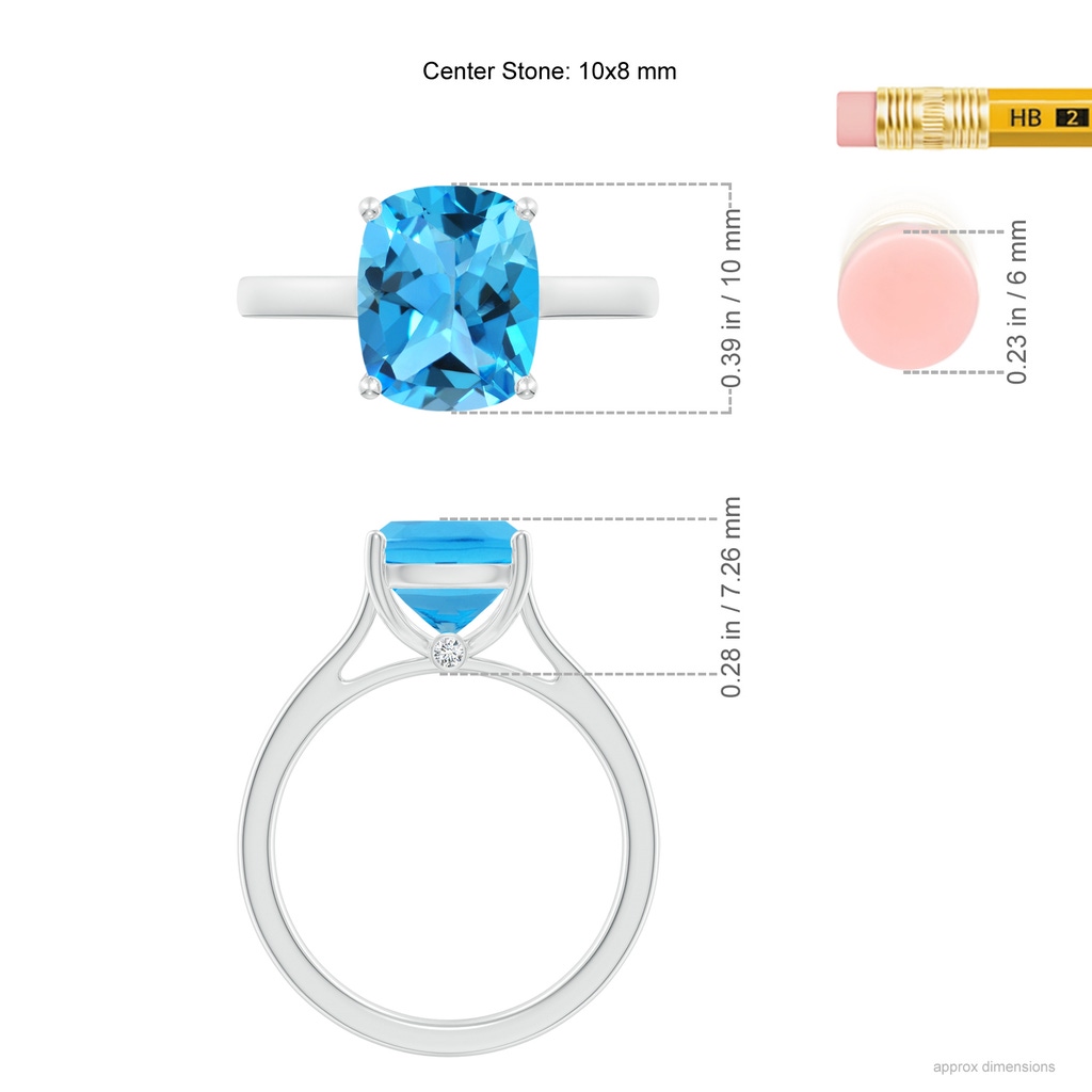 10x8mm AAA Classic Cushion Swiss Blue Topaz Solitaire Ring with Hidden Accents in 9K White Gold Ruler