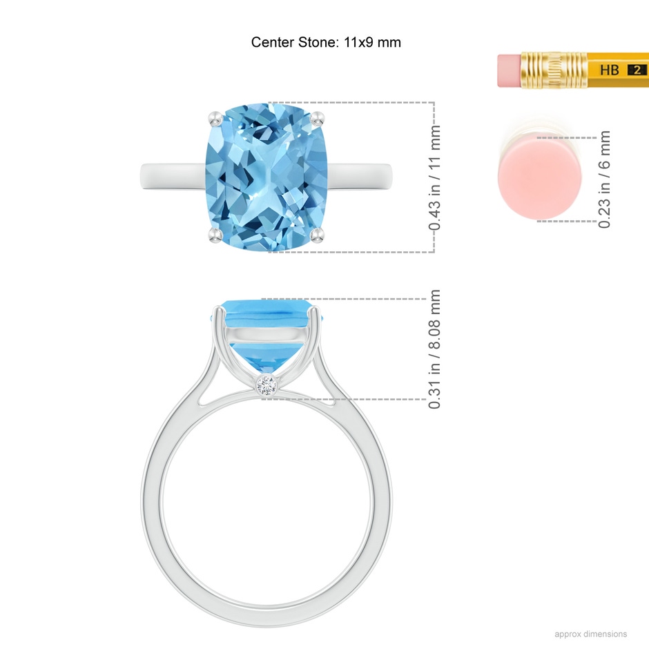 11x9mm A Classic Cushion Swiss Blue Topaz Solitaire Ring with Hidden Accents in White Gold ruler