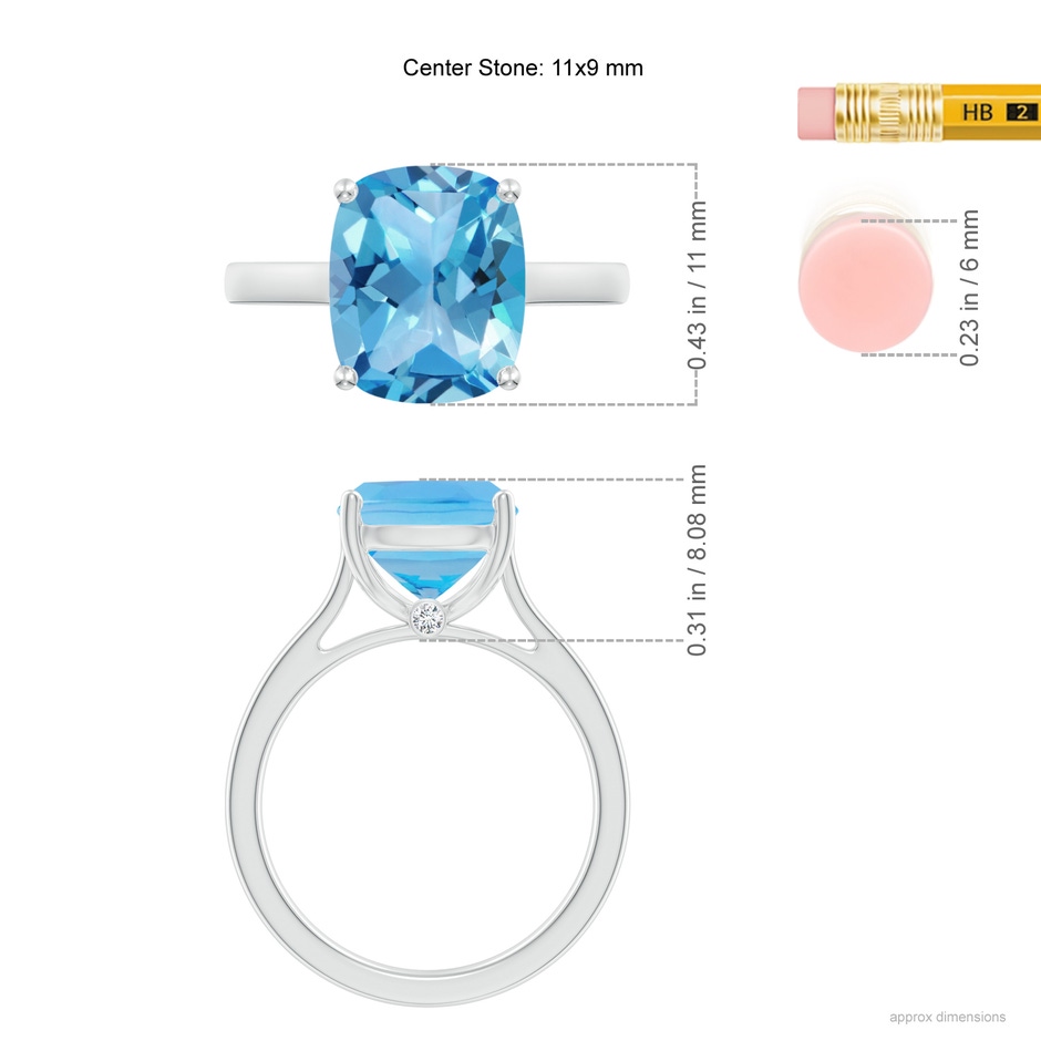 11x9mm AA Classic Cushion Swiss Blue Topaz Solitaire Ring with Hidden Accents in White Gold ruler