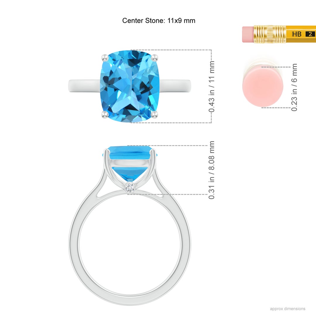 11x9mm AAA Classic Cushion Swiss Blue Topaz Solitaire Ring with Hidden Accents in White Gold - ruler