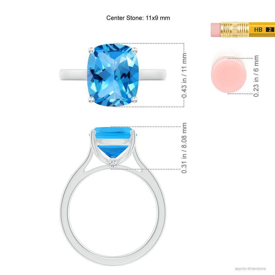 11x9mm AAAA Classic Cushion Swiss Blue Topaz Solitaire Ring with Hidden Accents in P950 Platinum ruler