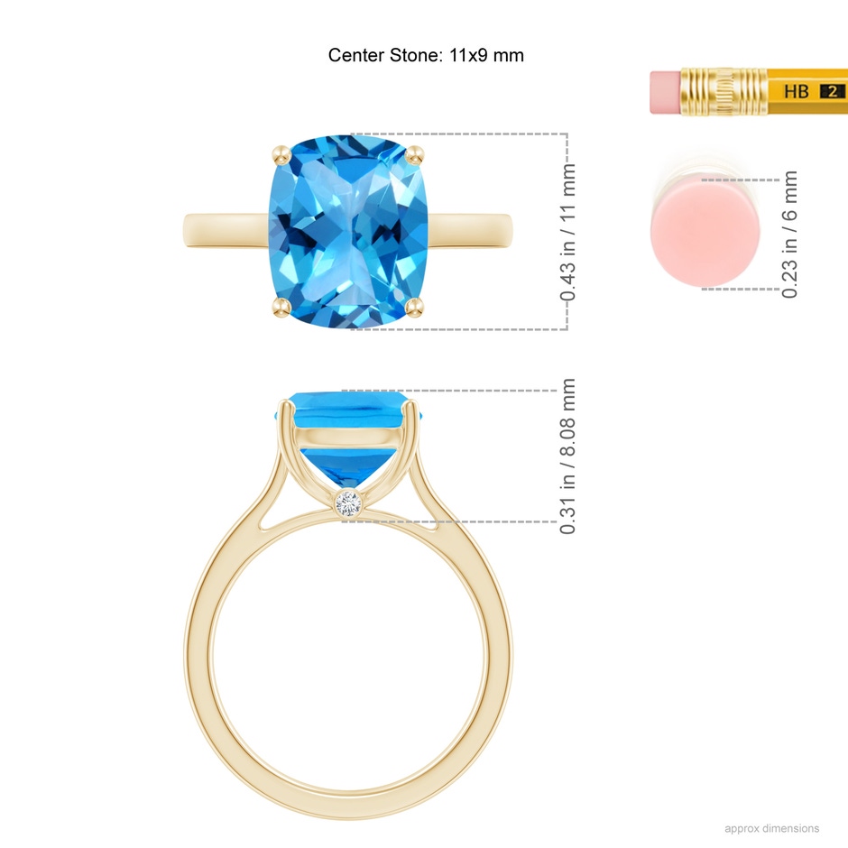 11x9mm AAAA Classic Cushion Swiss Blue Topaz Solitaire Ring with Hidden Accents in Yellow Gold ruler