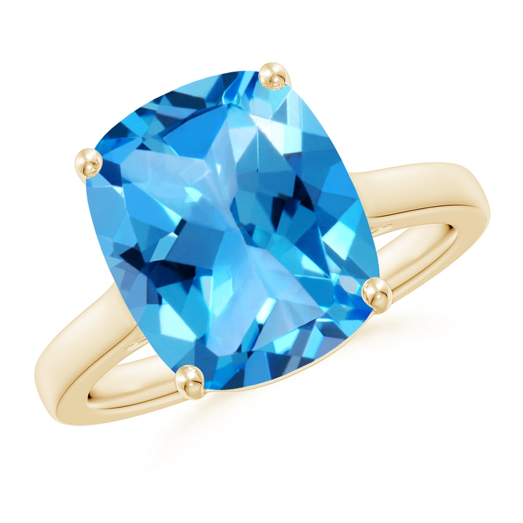 12x10mm AAAA Classic Cushion Swiss Blue Topaz Solitaire Ring with Hidden Accents in 10K Yellow Gold