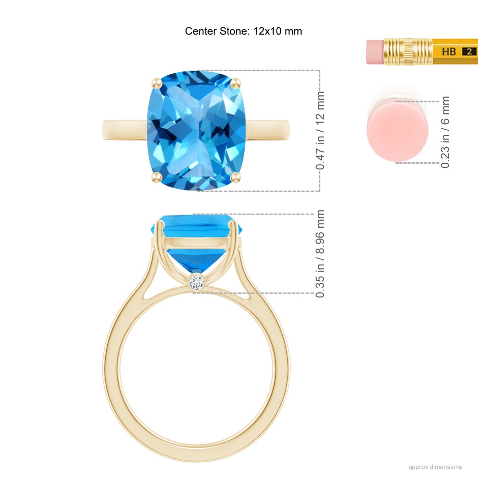 12x10mm AAAA Classic Cushion Swiss Blue Topaz Solitaire Ring with Hidden Accents in 10K Yellow Gold ruler