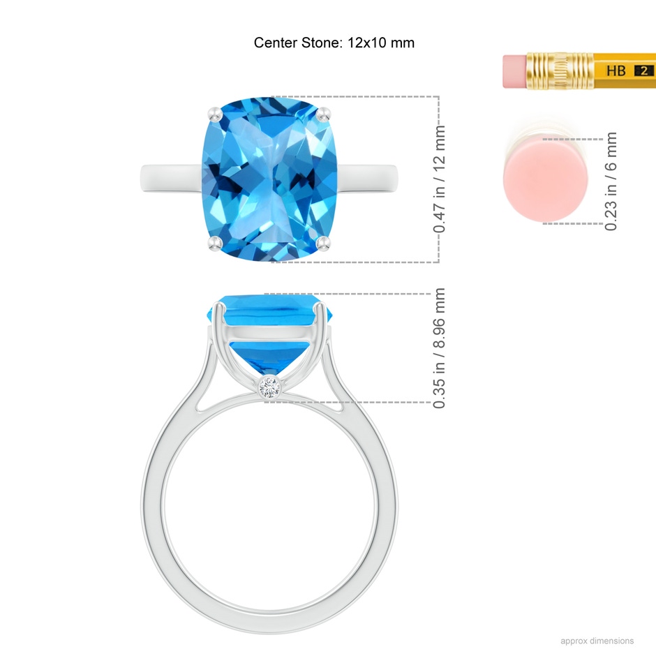 12x10mm AAAA Classic Cushion Swiss Blue Topaz Solitaire Ring with Hidden Accents in P950 Platinum ruler