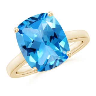 12x10mm AAAA Classic Cushion Swiss Blue Topaz Solitaire Ring with Hidden Accents in Yellow Gold