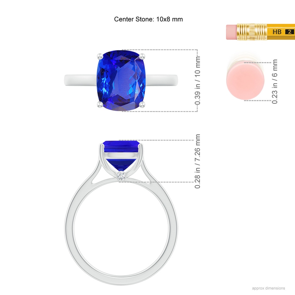 10x8mm AAA Classic Cushion Tanzanite Solitaire Ring with Hidden Accents in 9K White Gold ruler