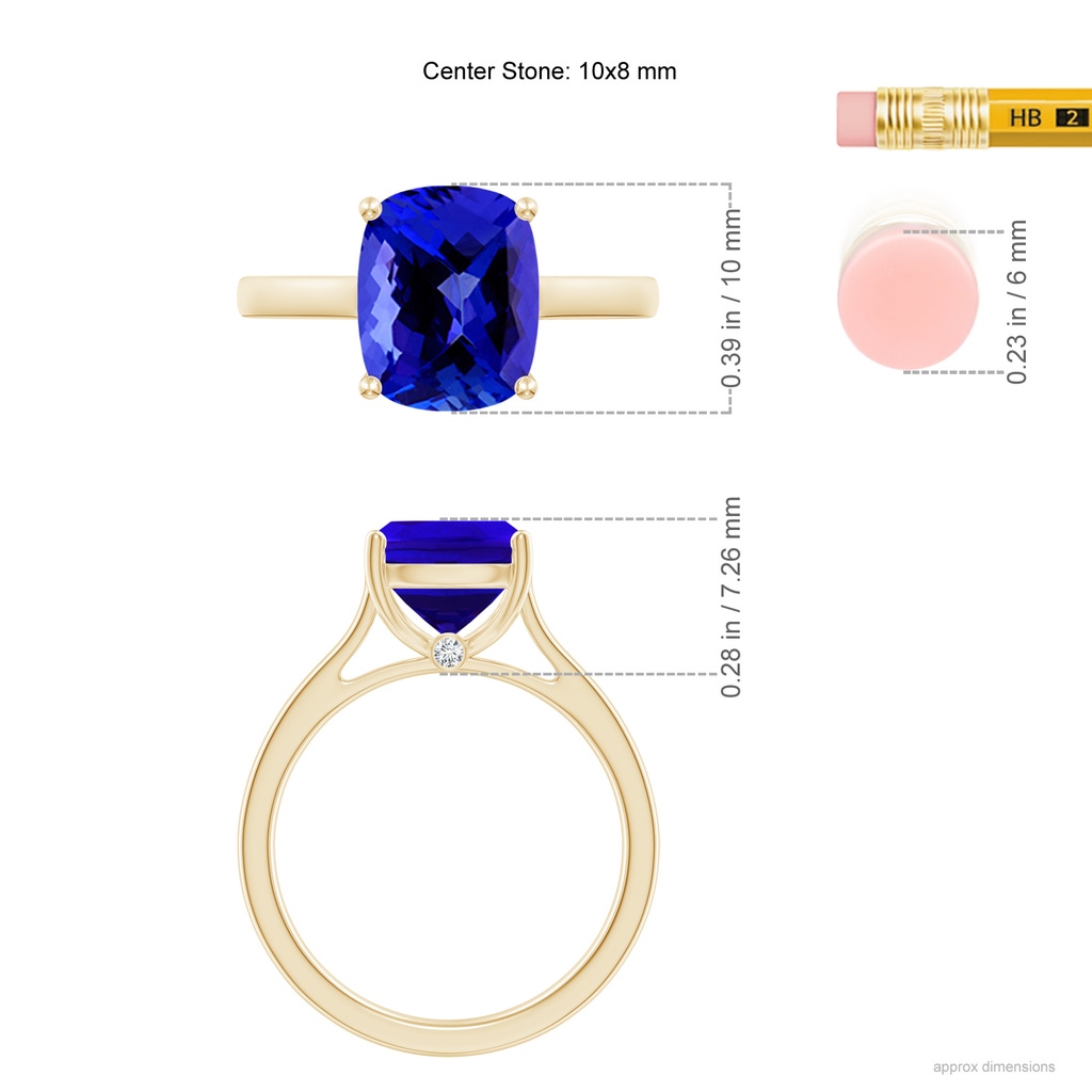 10x8mm AAAA Classic Cushion Tanzanite Solitaire Ring in Yellow Gold Ruler