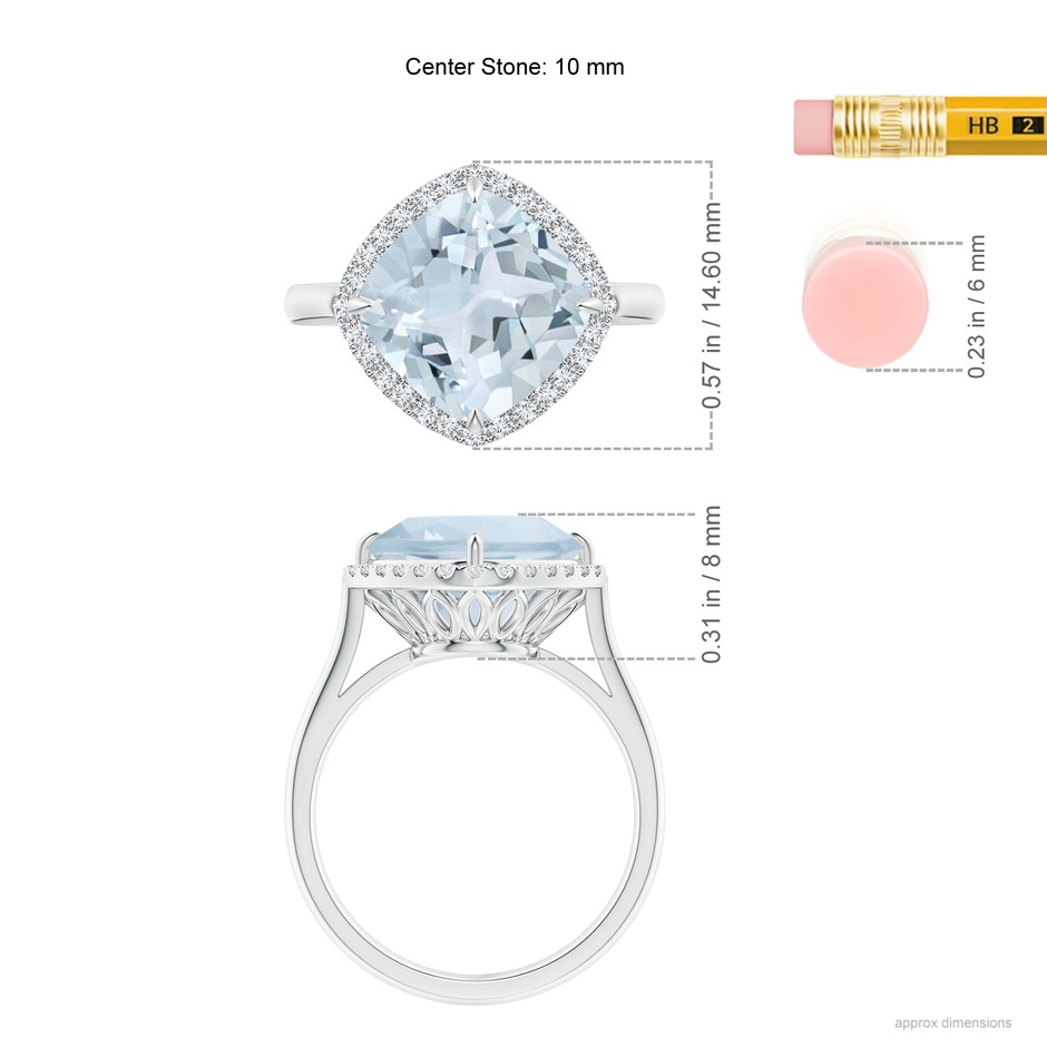 10mm A Claw-Set Cushion Aquamarine Cocktail Ring with Halo in P950 Platinum ruler