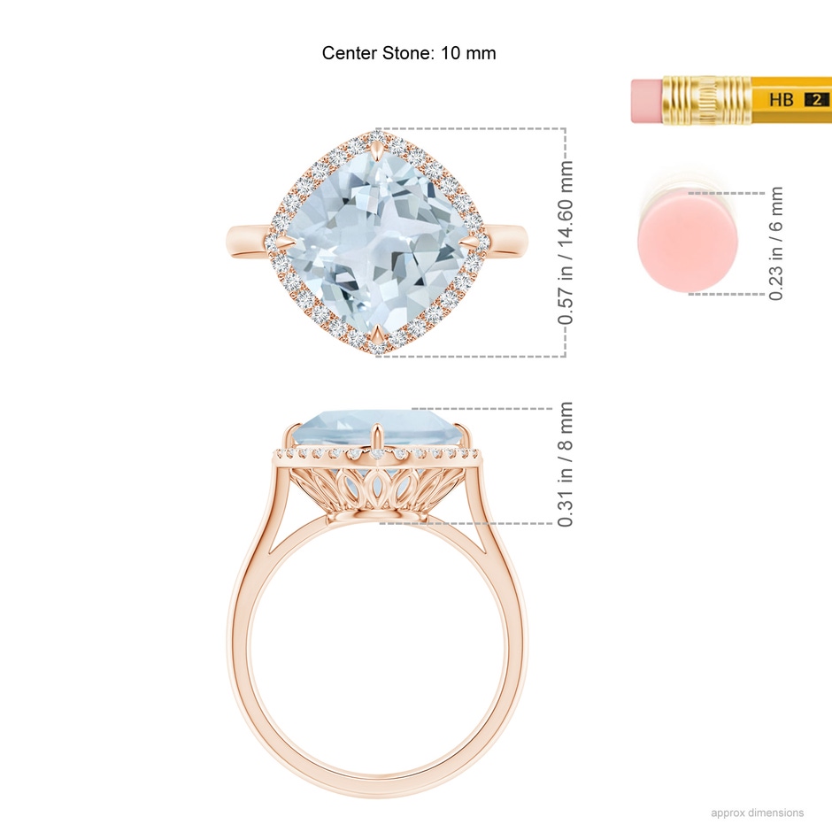 10mm A Claw-Set Cushion Aquamarine Cocktail Ring with Halo in Rose Gold ruler