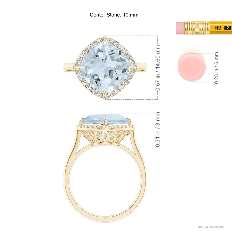 10mm A Claw-Set Cushion Aquamarine Cocktail Ring with Halo in Yellow Gold ruler