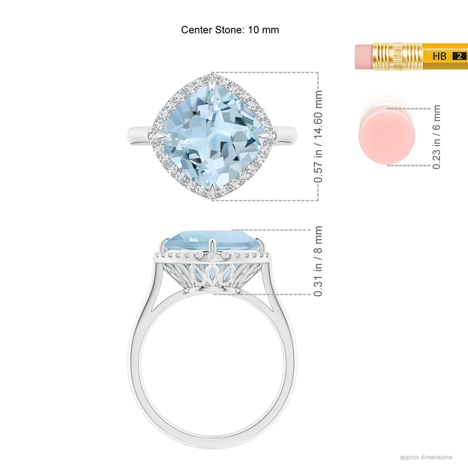 10mm AA Claw-Set Cushion Aquamarine Cocktail Ring with Halo in P950 Platinum ruler