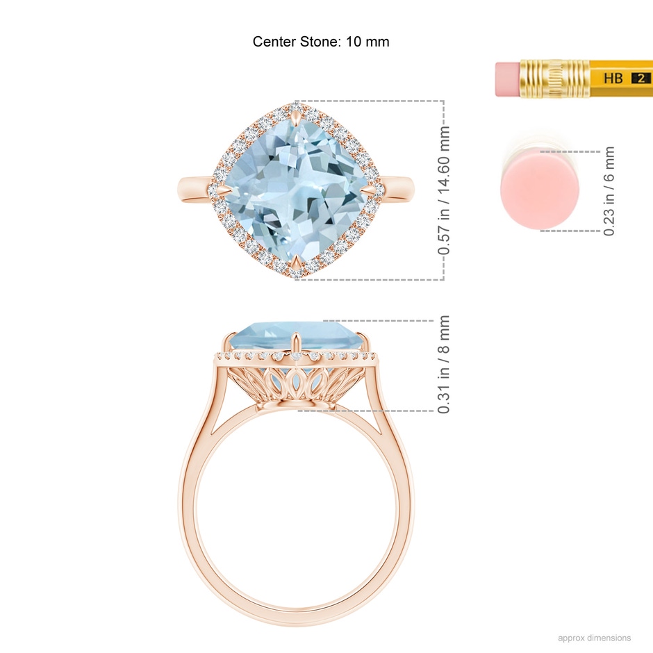 10mm AA Claw-Set Cushion Aquamarine Cocktail Ring with Halo in Rose Gold ruler