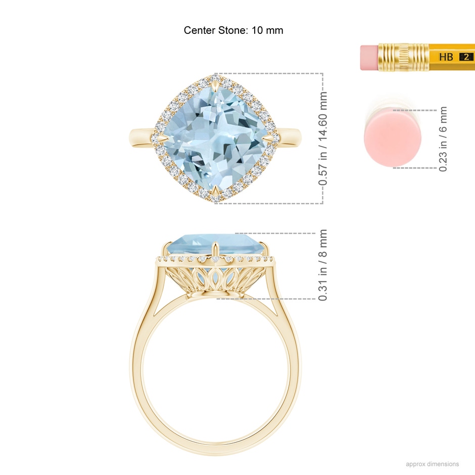 10mm AA Claw-Set Cushion Aquamarine Cocktail Ring with Halo in Yellow Gold ruler