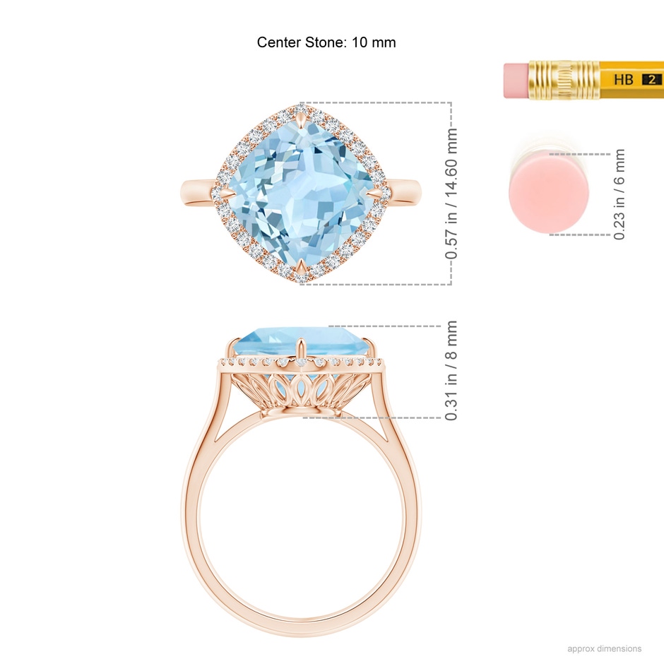 10mm AAA Claw-Set Cushion Aquamarine Cocktail Ring with Halo in Rose Gold ruler