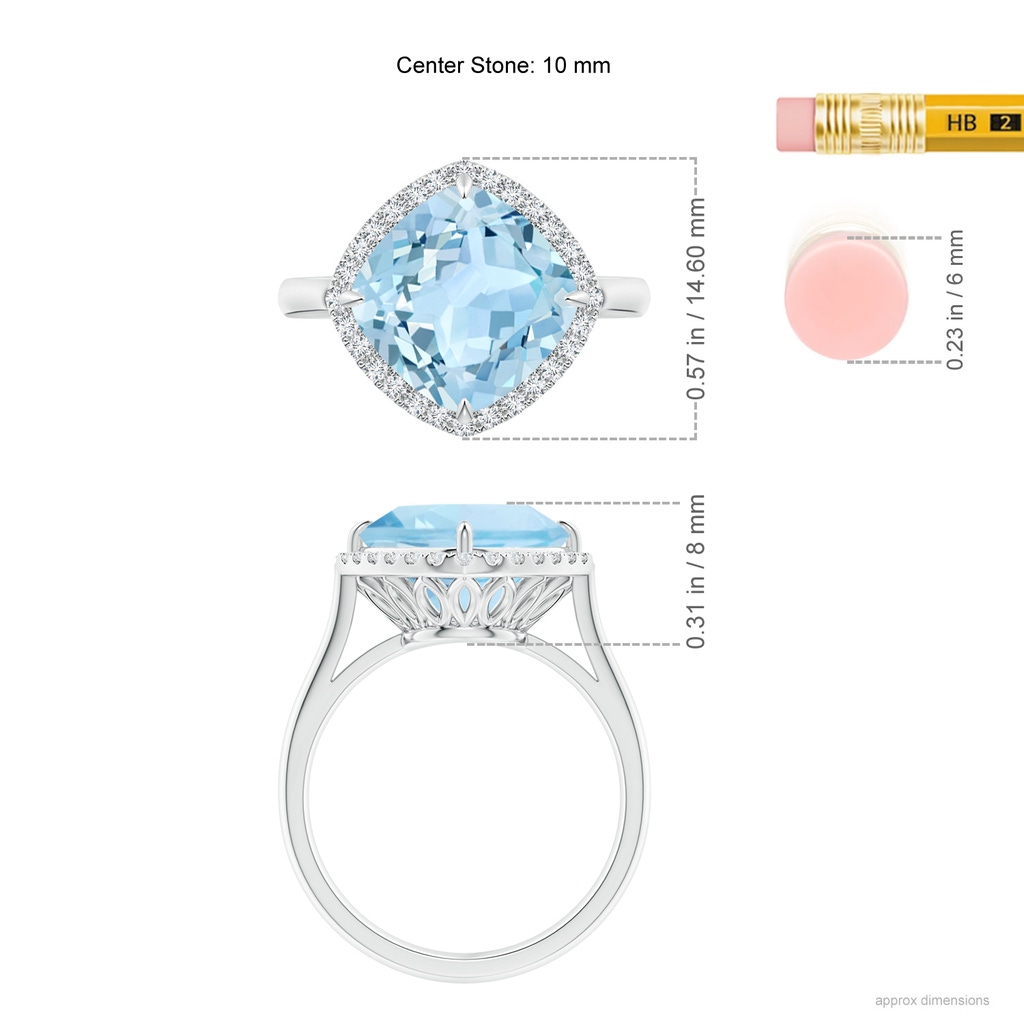 10mm AAA Claw-Set Cushion Aquamarine Cocktail Ring with Halo in White Gold Ruler