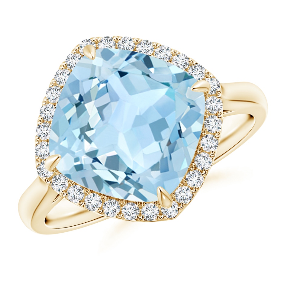 10mm AAA Claw-Set Cushion Aquamarine Cocktail Ring with Halo in Yellow Gold 