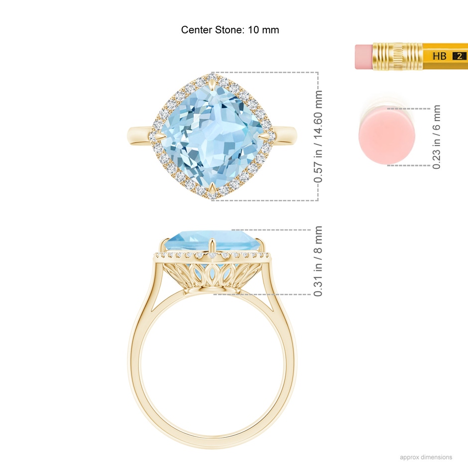 10mm AAA Claw-Set Cushion Aquamarine Cocktail Ring with Halo in Yellow Gold ruler
